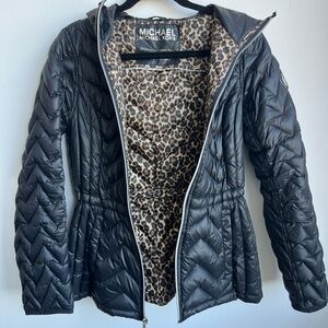 Michael Kors Black Quilted Puffer Jacket with Leopard Lining